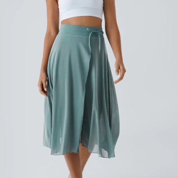 High Waisted Drawstring Contrast Mesh 2-in-1 Side Pocket Flowy Midi Flare Casual - Picture 4 of 6